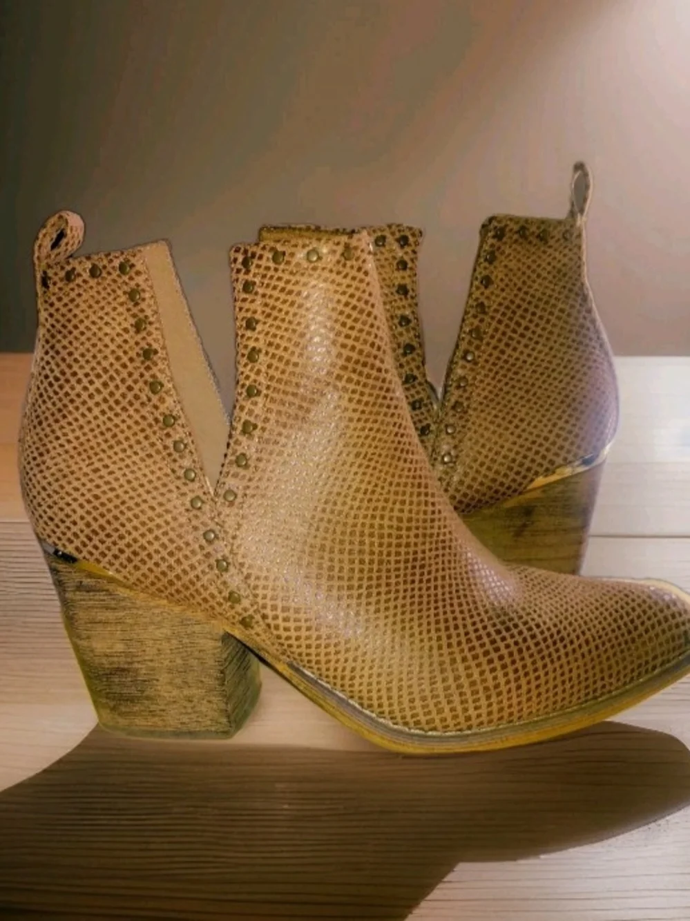 Women's Tan Textured Ankle Booties with Stud Detail